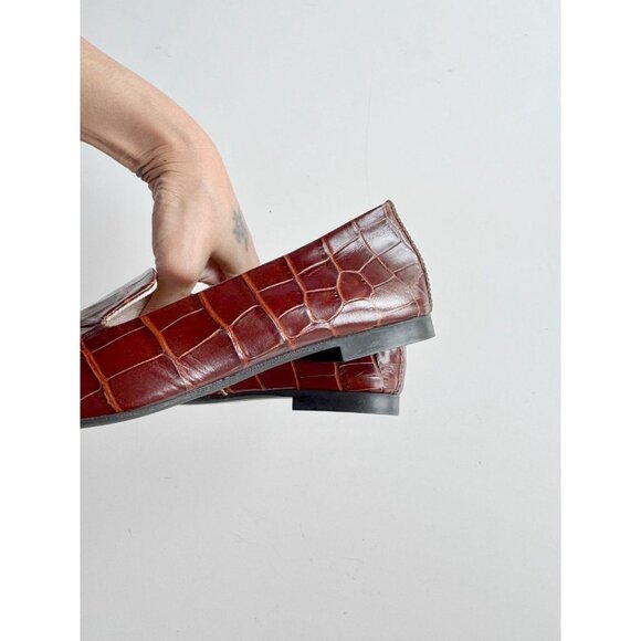 ZARA Chocolate Brown Croc Embossed Faux Leather Slipper Loafers, Size 36 - Picture 8 of 14